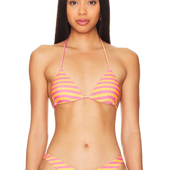 Lovers + Friends Striped Triangle String Bikini Top Orange Pink XS In Line $78 - Picture 1 of 8